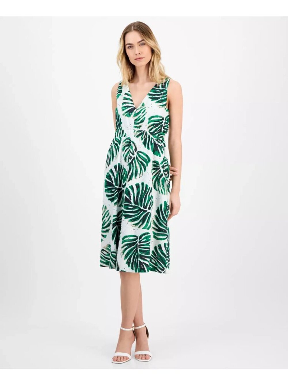 Anne Klein Women's Printed Cotton Eyelet V-Neck Dress Green White Size 10 $139
